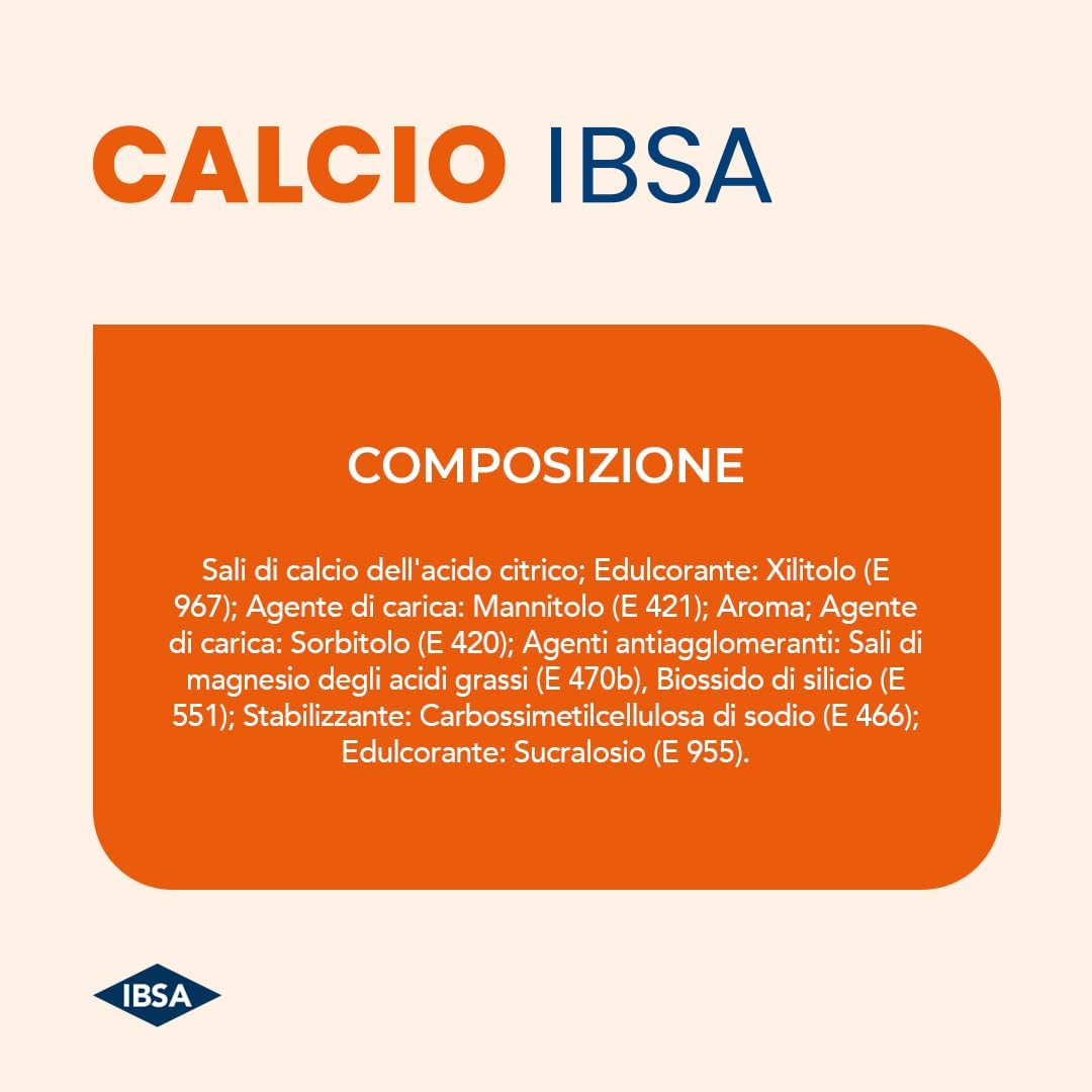 Calcio IBSA | Integratore alimentare di Calcio Citrato in compresse masticabili – Gusto arancia – Senza glutine e lattosio, senza zuccheri – 60 compresse