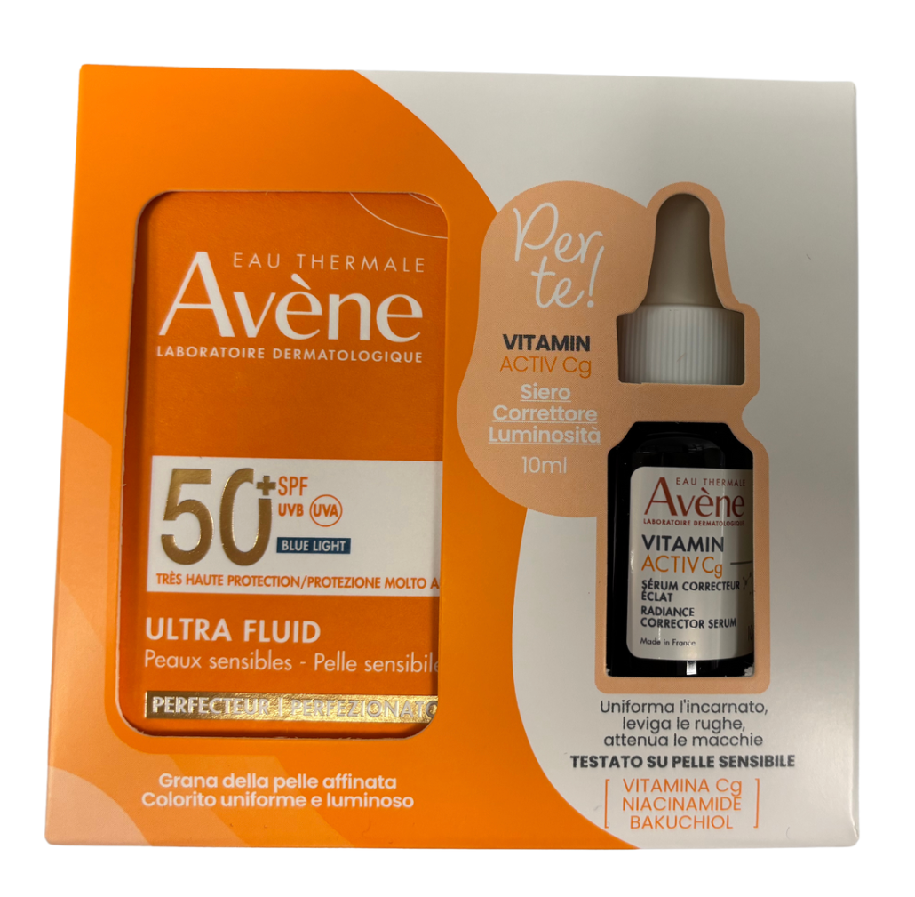 Avene Ultra Fluid Perfezionatore Protezione Solare SPF50+ Con Omaggio Siero Correttore Luminosità Vitamin Active Cg 10ml