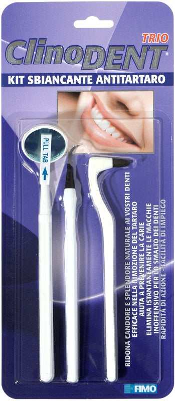 Clinodent Trio - Kit Anti Tartaro con Gommina Sbiancante per Denti, Specillo Levatartaro e Specchietto Dentale