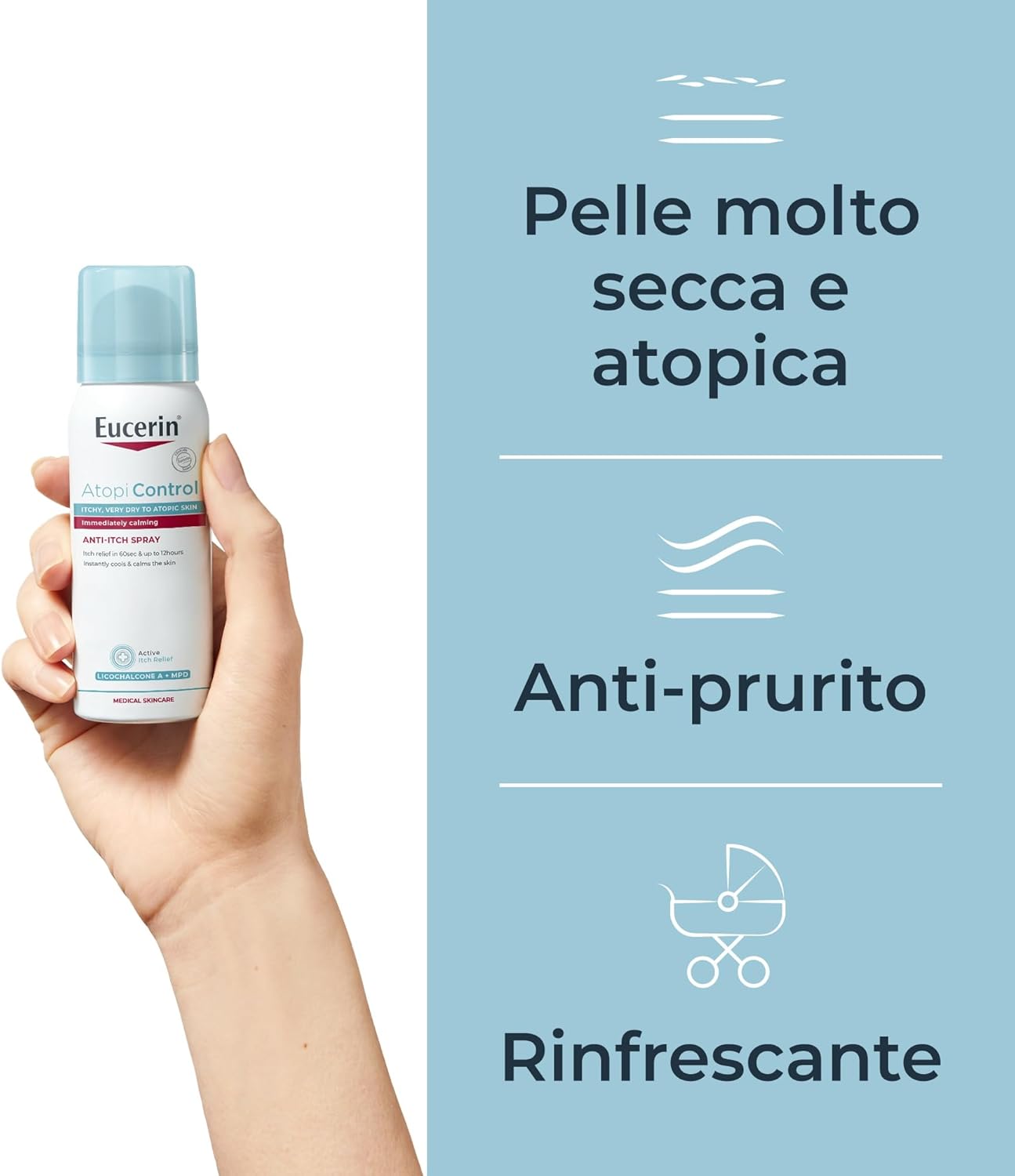 Eucerin Atopi Control Spray Anti-Prurito 50 ml, Spray corpo che riduce il prurito in 60 secondi & fino a 6 ore, Formula rinfrescante per dermatite atopica e pelle secca e sensibile
