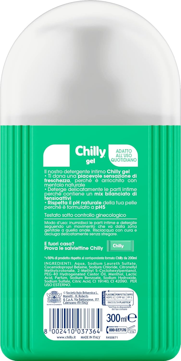 Chilly, Detergente Intimo Gel, Freschezza naturale a Lungo, con Mentolo Naturale, pH 5, Clinicamente Testato - 300 ml