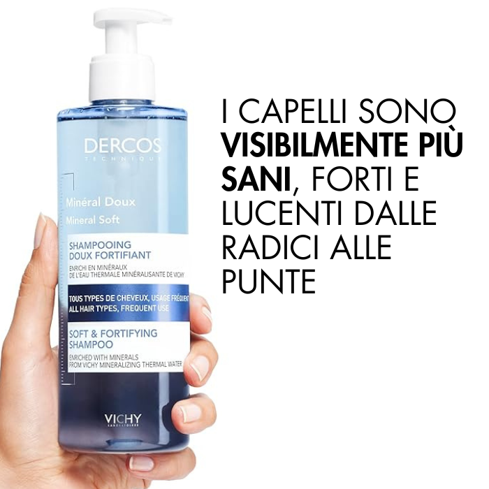Vichy Dercos, Shampoo Fortificante Delicato, Per Tutti i Tipi di Capelli, Uso Frequente, Forza e Luminosità Ripristinate, 400 ml