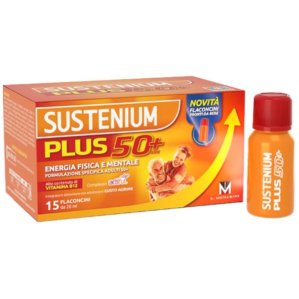 Sustenium Plus 50+, Energia Fisica e Mentale, Formula Specifica Adulti 50+ Anni, 15 Flaconcini da 20ml
