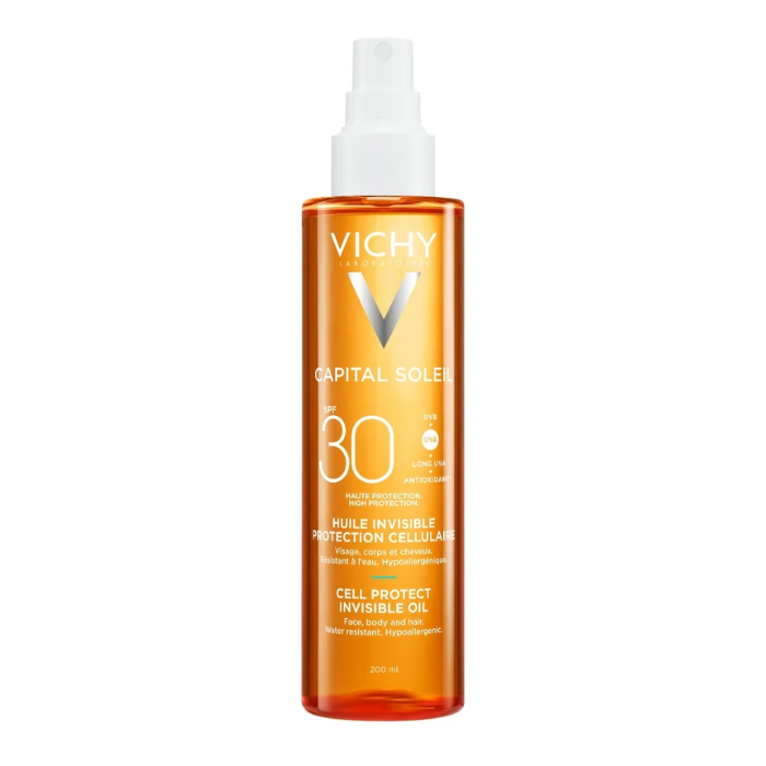 Vichy Olio Invisibile Cell Protect SPF30, Per Viso, Corpo e Capelli, Resistente all'acqua, 200ml