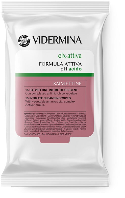 Vidermina Clx Attiva - salviettine intime detergenti antimicrobiche PH 5,5 - 15 salviettine