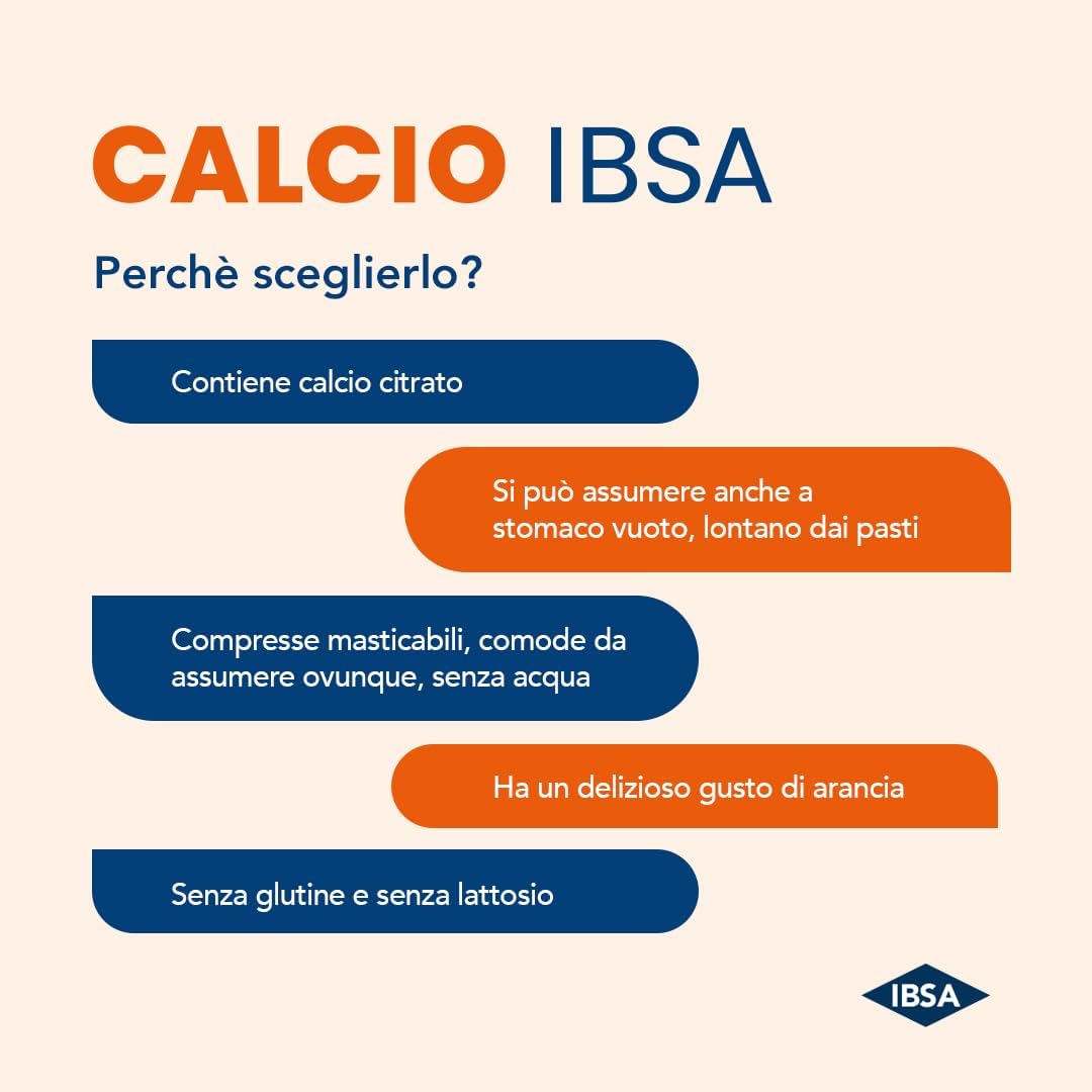 Calcio IBSA | Integratore alimentare di Calcio Citrato in compresse masticabili – Gusto arancia – Senza glutine e lattosio, senza zuccheri – 60 compresse