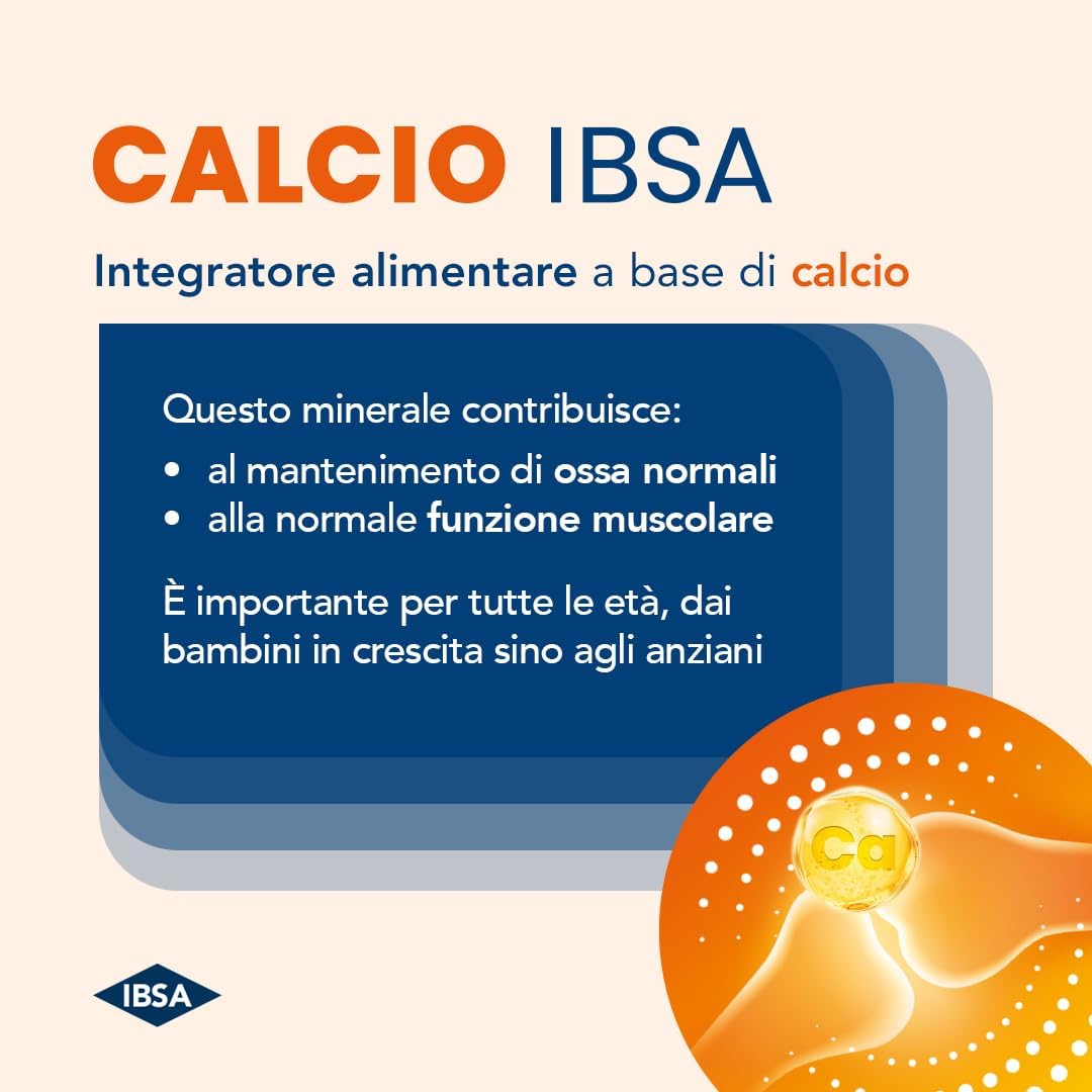 Calcio IBSA | Integratore alimentare di Calcio Citrato in compresse masticabili – Gusto arancia – Senza glutine e lattosio, senza zuccheri – 60 compresse