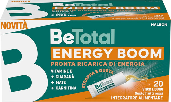Betotal Energy Boom, Integratore Alimentare con Vitamine B, Guaranà, Mate e Carnitina, effetto tonico per ricaricare le energie in caso di stanchezza, Gusto Frutti Rossi, 20 stick