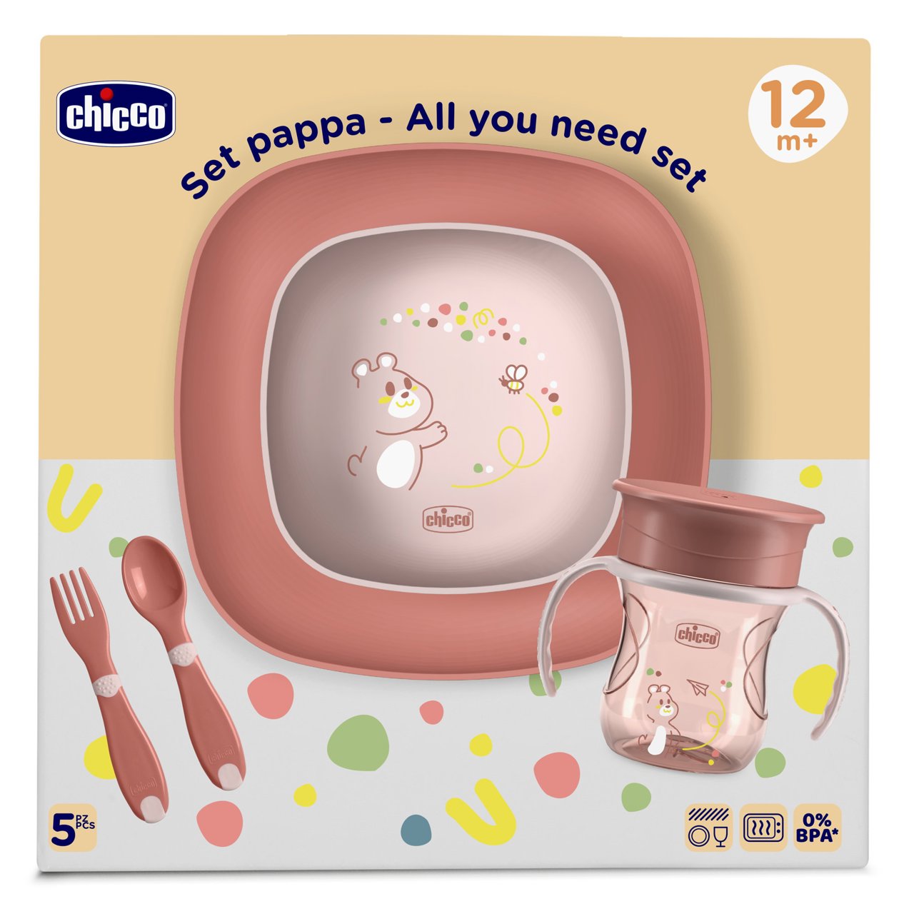 Chicco Set Pappa, Piattini e Posate Per Bambini, Rosa, 12+ Mesi