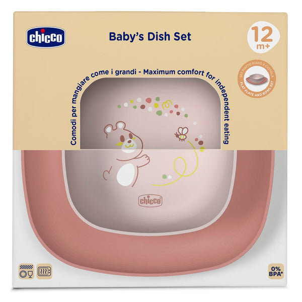 Chicco Set Piatto Piano e Ciotola Per Bambini, 12+ Mesi, Colore rosa