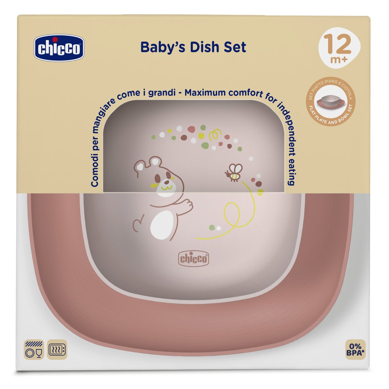 Chicco Set Piatto Piano e Ciotola Per Bambini, 12+ Mesi, Colore rosa