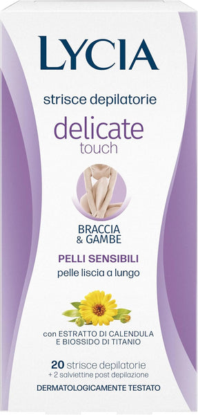 Lycia - Strisce Depilatorie Gambe e Braccia, Delicate Touch, Con Biossido di titanio ed estratto di calendula, Senza Profumo, Coloranti e Conservanti, 20 Strisce