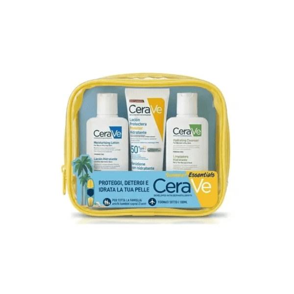 Cerave Pochette Viaggio Solari Latte Corpo Spf 50+ 75 ml + Lozione Idratante 88 ml + Detergente 88 ml