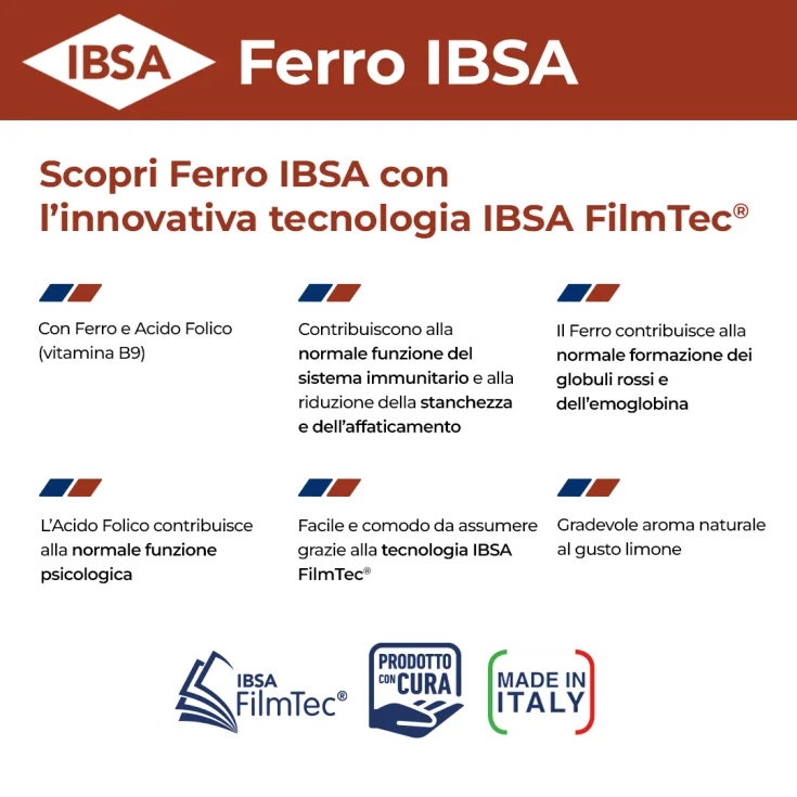 Ferro Ibsa 20 film Orodispersibili Integratore alimentare a base di Ferro e di Acido Folico