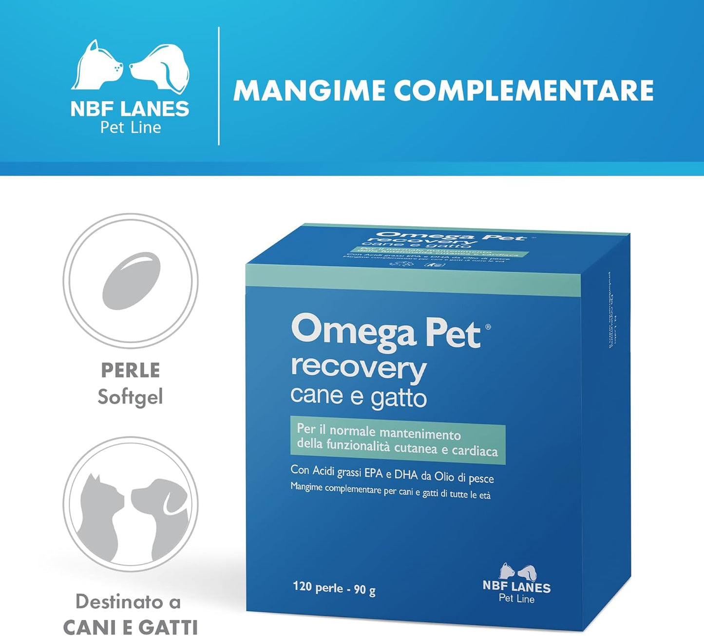 Omega Pet Recovery Cane e Gatto, 120 Perle Appetibili, per il Normale Mantenimento della Funzionalità Cutanea e Cardiaca